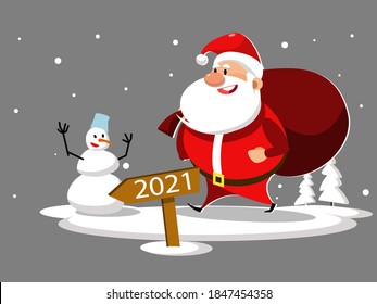 Santa Claus carries gifts to children in a large bag. Happy New Year 2021. Stock vector illustration