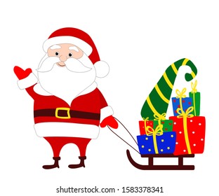 Santa Claus carries a lot of gifts on a sled and has a fun wave. Vector stock illustration isolated on white background for Christmas website design, social networks.