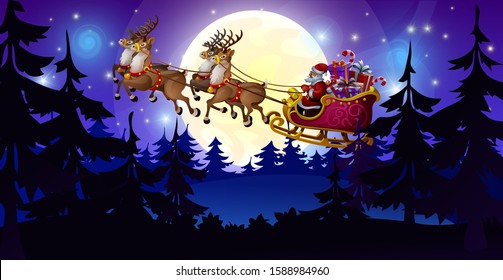 Santa Claus carries gifts in a sleigh pulled by deer, opposite the big moon. Christmas illustration in the night forest.