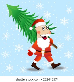 Santa Claus carries a green Christmas tree,  vector  illustration