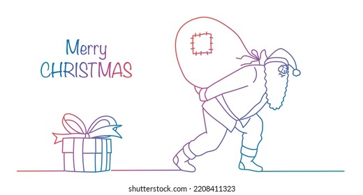 Santa Claus carries a heavy bag. Rainbow gradient. Sketch vector illustration.