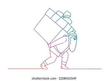 Santa Claus carries a heavy big box. Rainbow gradient. Sketch vector illustration.