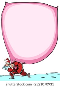 Santa Claus carries a huge bag. Empty space for your New Year advertising. Selling holiday gifts to customers. Comic cartoon pop art retro vector illustration hand drawing. On a white background