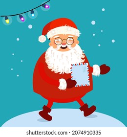 Santa Claus carries letter. Christmas poster, postcard. Vector illustration.