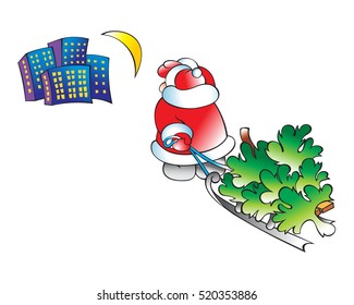 santa claus carries on a sled a Christmas tree in the city