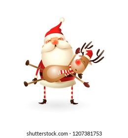 Santa Claus carries a Reindeer on his hands - Happy cute illustration