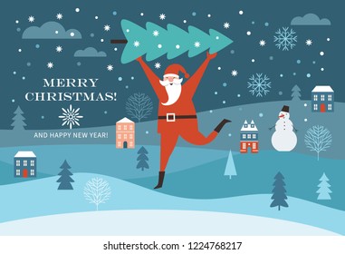 Santa Claus carry big Christmas tree. Greeting card. Merry Christmas and Happy New Year , flat vector illustration