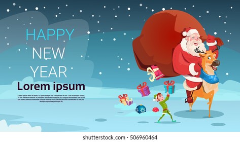 Santa Claus Carry Big Present Sack Reindeer Greeting Card Decoration Merry Christmas Happy New Year Banner Flat Vector Illustration