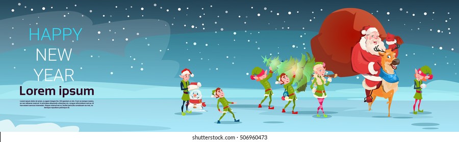 Santa Claus Carry Big Present Sack, Elfs With Pine Tree Greeting Card Merry Christmas Happy New Year Flat Vector Illustration