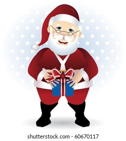 Santa Claus carry a gift with smile face and snow background
