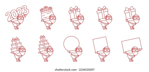 Santa Claus carry on back date 2023, big gift box, bag with gifts, stack of presents, circle mockup, square frame, rectangle card. Christmas or New Year. Thin line vector icons set. Editable Strokes