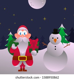 Santa Claus carry a sack with gift in winter night scenery ready to delivery a package for good kids flat design cartoon vector