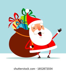 Santa Claus carrying a bag full of Christmas gift box presents. Flat vector concept illustration.