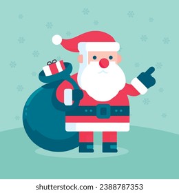 santa claus carrying bag full of gift pointing hand design, vector santa carry box presents snowflakes happy xmas character santa hold big sack of gifts on shoulder merry christmas concept flat vector