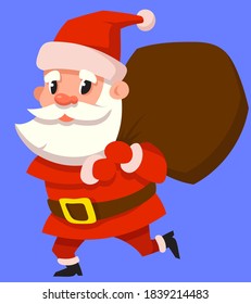 Santa Claus carrying bag of gifts. Christmas character in cartoon style.