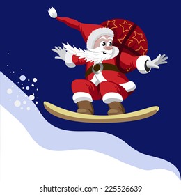 Santa Claus carrying a bag of gifts on a snowboard 
