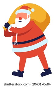 Santa Claus carrying bag of presents and gifts for merry christmas and new year holiday in winter. Xmas character celebrating and greeting with christmastime. Fantasy personage. Vector in flat style