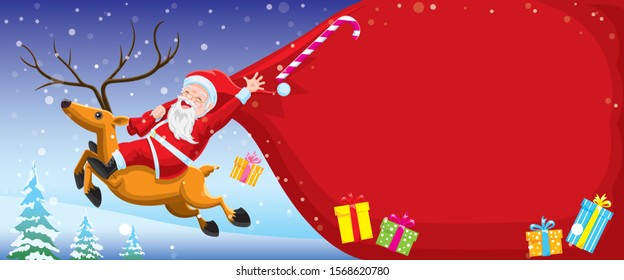 Santa Claus carrying a bag, riding a deer to fly on the sky.
