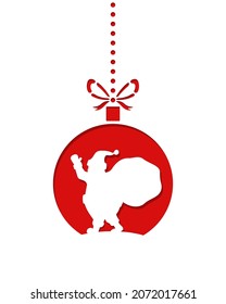 Santa Claus is carrying a big bag of gifts and waving his hand. Silhouette for laser cut with christmas ornament.