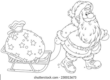 Santa Claus carrying a big bag of Christmas gifts on his sledge