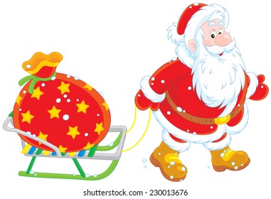 Santa Claus carrying a big bag of Christmas gifts on his sledge