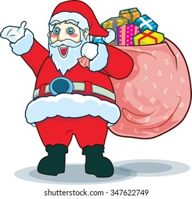 Santa Claus carrying big bag full of gifts vector
