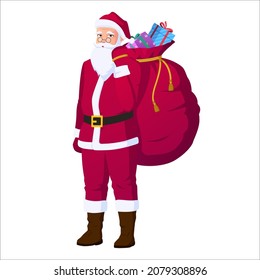 Santa Claus Carrying Big Gift Sack Bag, Christmas Vector Illustration