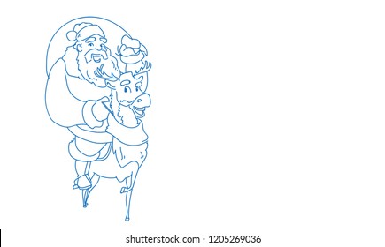 Santa Claus carrying big present sack riding deer greeting card merry christmas happy new year sketch doodle horizontal vector illustration