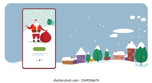 santa claus carrying big present sack merry christmas happy new year holiday celebration concept smartphone screen online mobile app cute houses snowy town on winter background horizontal vector