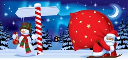 Santa Claus Carrying A Big Red Sack, Snowman And Wooden Sign Against The The Night Winter Forest. Easy To Insert On A Classic Mug. Christmas And New Year 
Greeting Card. Vector Illustration