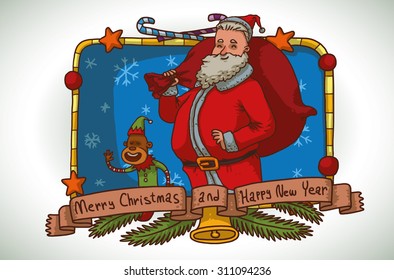 Santa Claus is carrying a big red bag and monkey in christmas elf's costume, Christmas frame with stars and candies for Christmas card, vector