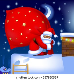 Santa Claus carrying a big red sack full of gifts on the roof of house near a chimney against the winter night background. Vector illustration