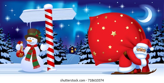 Santa Claus carrying a big red sack, snowman and wooden sign against the the night winter forest. Easy to insert on a classic mug. Christmas and New Year 
greeting card. Vector illustration