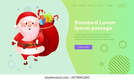 Santa Claus carrying big sack of gifts. Christmas presents, xmas, costume. New Year concept. Can be used for banner, landing page or website design