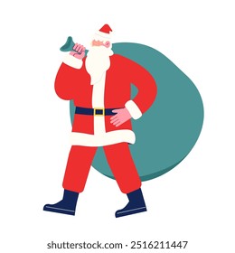 Santa Claus carrying a big sack and bringing Christmas presents. Cartoon character vector illustration