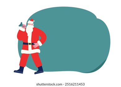 Papai Noel carregando um grande saco e trazendo presentes de Natal. Ilustração de vetor de caracteres de desenho animado