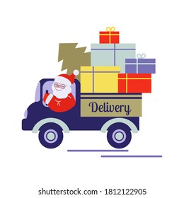 Santa Claus is carrying boxes of gifts in the truck. Vector illustration. Flat style. Isolated on white.