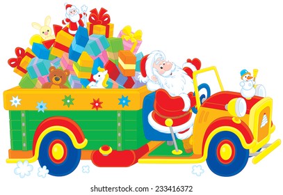 Santa Claus carrying Christmas gifts on his truck