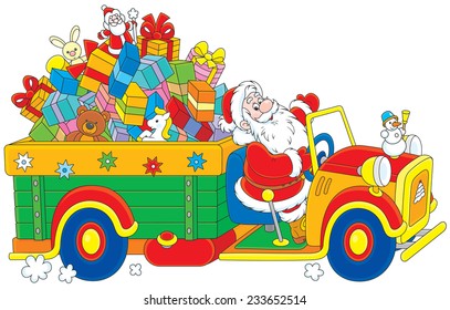 Santa Claus carrying Christmas gifts on his truck