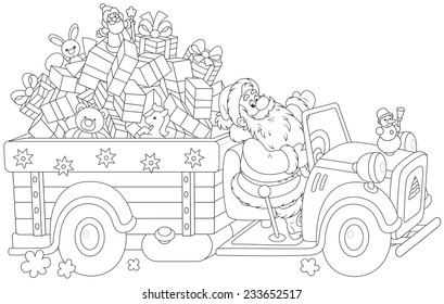 Santa Claus carrying Christmas gifts on his truck