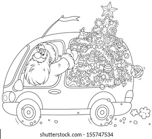 Santa Claus carrying a decorated Christmas tree in his car