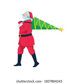 Santa Claus carrying decorated fir tree. Father Frost Christmas character, Merry Christmas and Happy New Year concept cartoon vector illustration