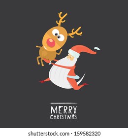 Santa claus carrying deer on hand  isolated on black background. Vector illustration for christmas card.
