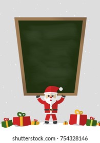 Santa Claus Carrying empty blackboard on over shoulder by side have gift boxes on snow floor, Concept Christmas Holiday, Happy New Year, Flat design Vector illustration