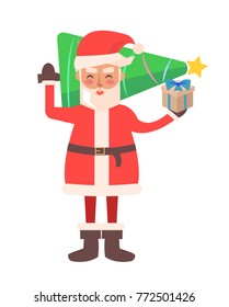 Santa Claus carrying evergreen pine tree decorated with golden star, present with ribbon, joyful winter character, isolated on vector illustration