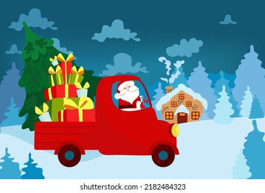 Santa Claus is carrying a fir tree and gifts in a truck against the backdrop of a winter fairy-tale landscape. Fir trees, clouds, a house with a light inside are visible behind the truck. 