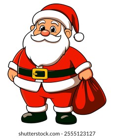 Santa Claus Carrying a Gift Bag Full of Presents Flat Vector Illustration