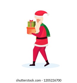 santa claus carrying gift box happy new year merry christmas concept male cartoon character profile full length isolated vector illustration