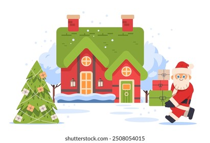 Santa Claus carrying gift boxes and red Christmas house on isolated background. Winter holiday vector illustration