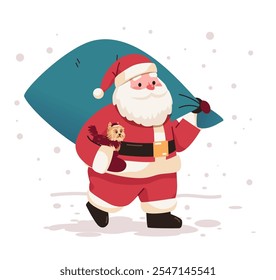 Santa Claus carrying a gift sack with a small dog in snowy background holiday theme cheerful festive design